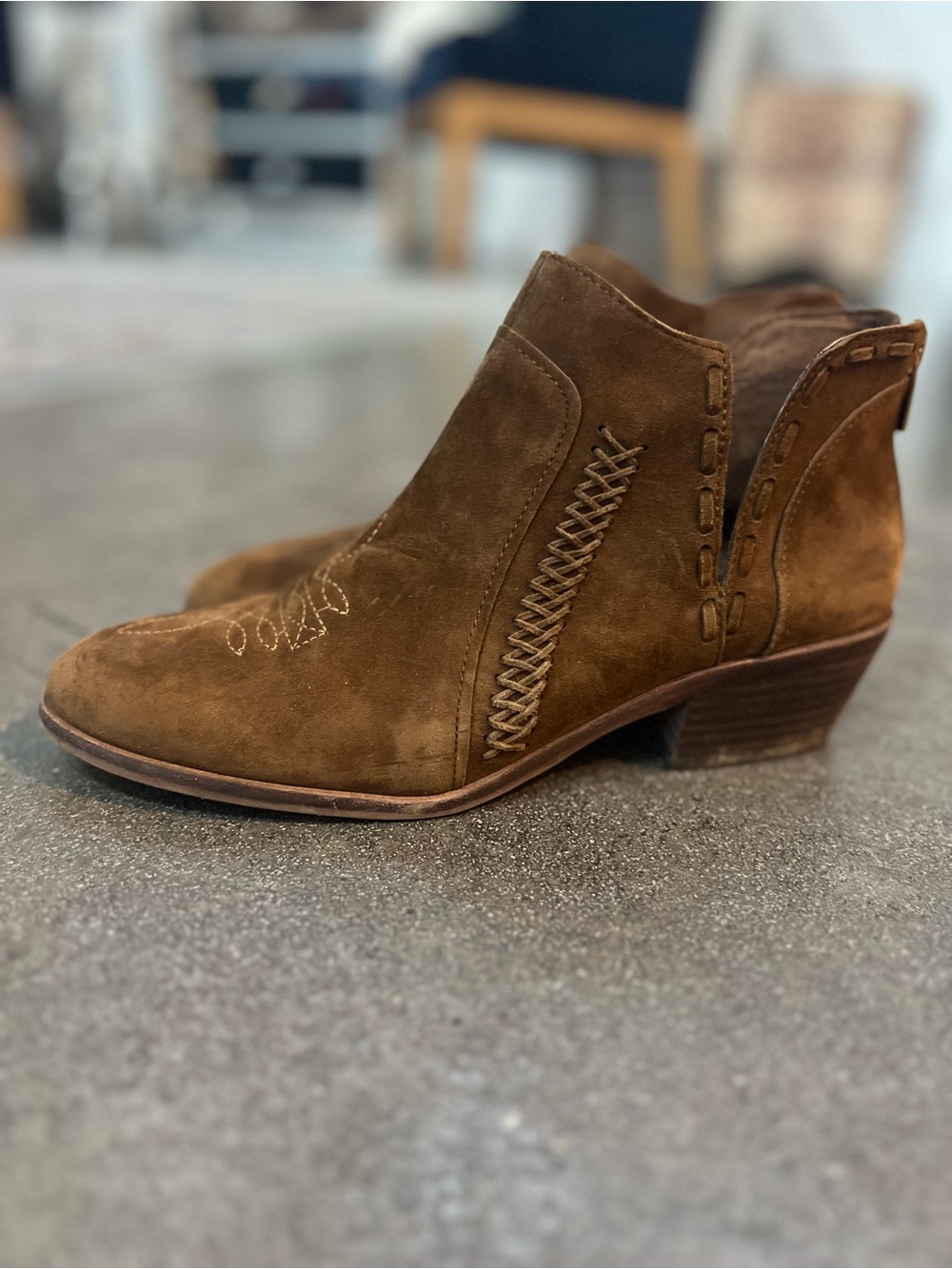 Vince Camuto Brown Suede Ankle Booties with Braided Side Detail